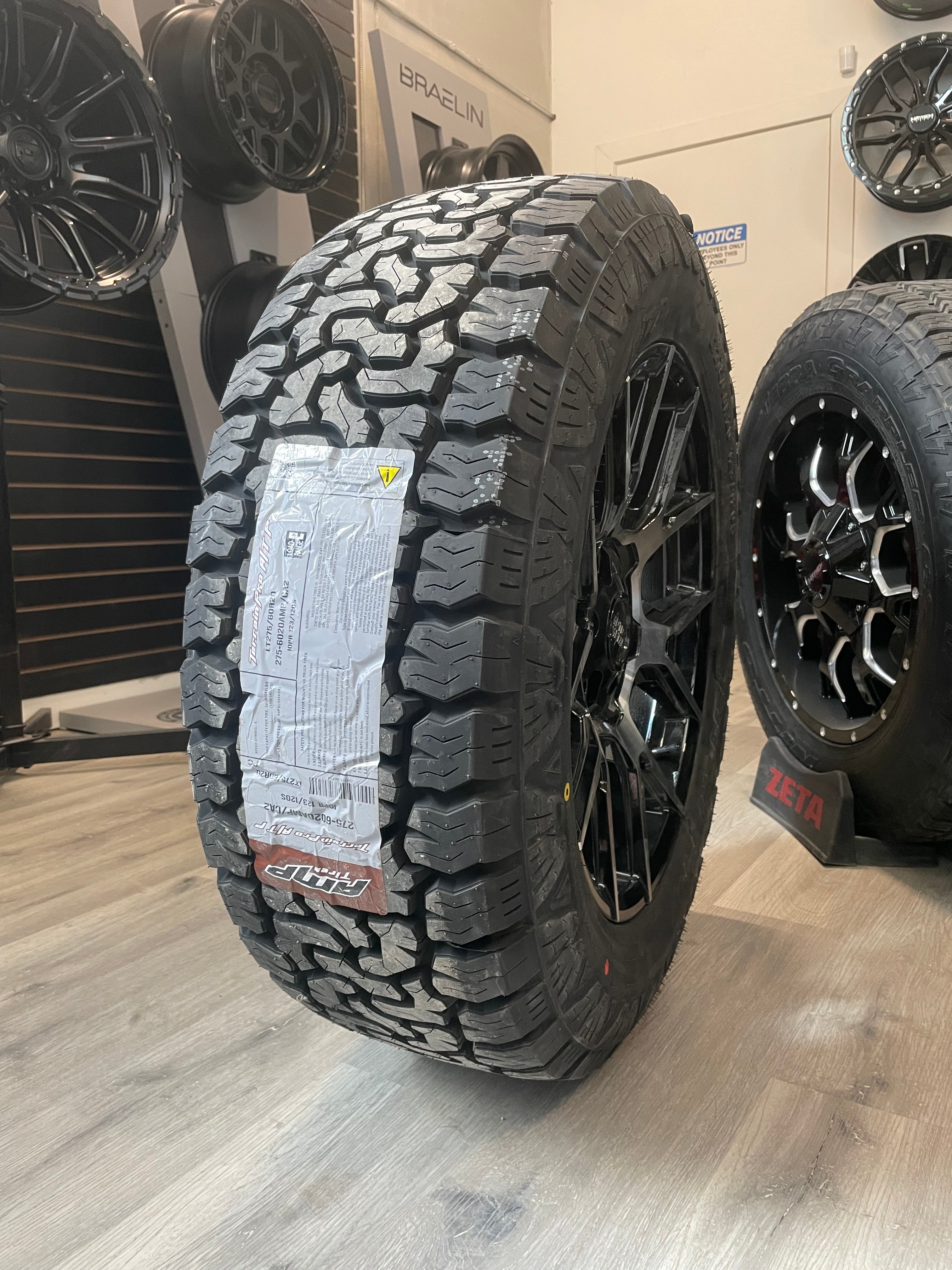 ( SET OF FOUR ) MOTO METAL MASON GLOSS BLACK W/ MACHINED FACE  20X9 +10 6X135/6X139.7 95.1MM | LT275/60r20 Amp Terrain Pro
