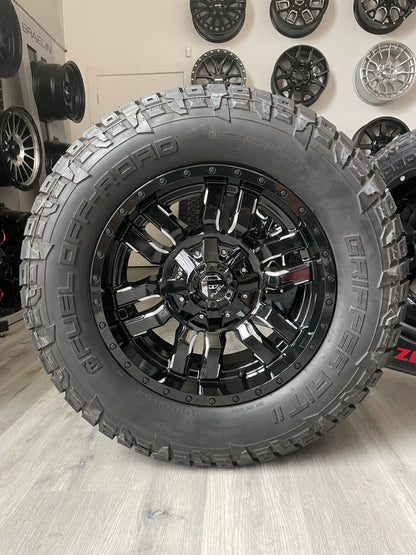 (SET OF FOUR) FUEL SLEDGE GLOSS BLK MILLED 18X9 6X135/6X139.7 +1MM 106.1MM | 275/65R18 FUEL GRIPPER AT2