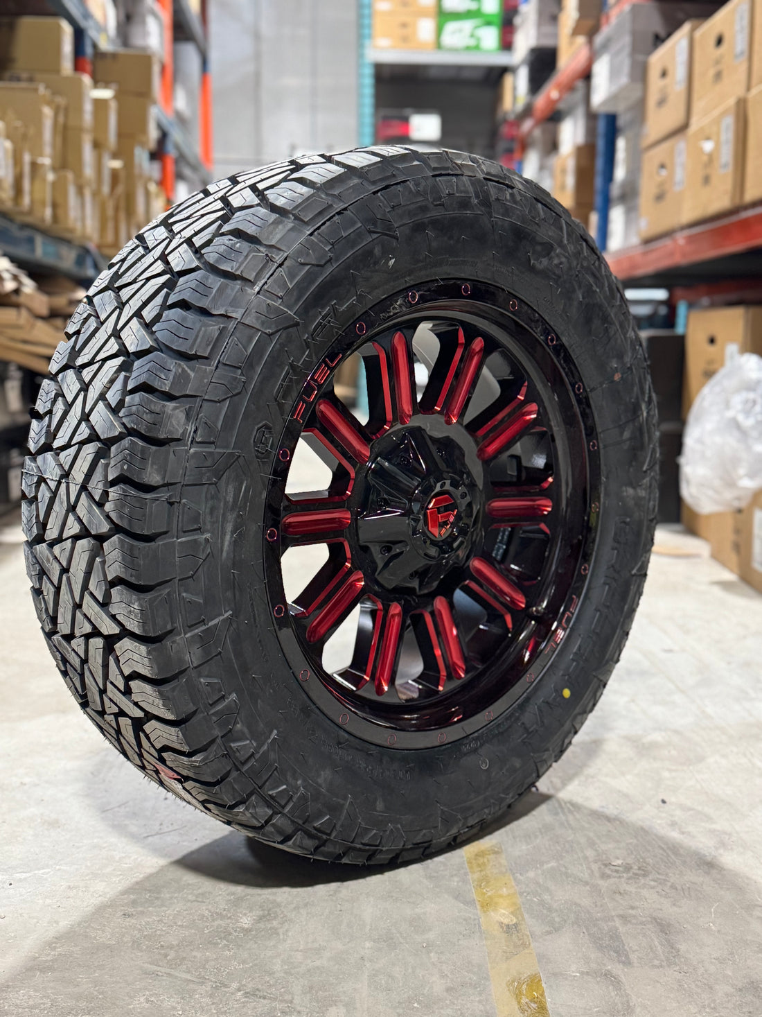 ( SET OF FOUR ) FUEL HARDLINE 20X9 5X150/5X139.7 110.10 +20 GLOSS BLACK RED TINTED CLEAR | 305/55R20 FUEL GRIPPER AT