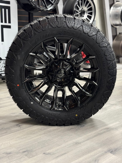 (SET OF FOUR) Fuel Blade Gloss BLK MILLED 20x9 6x135/6x139.7 +1 106.1MM | LT 275/60r20 Amp Terrain Pro 10PR