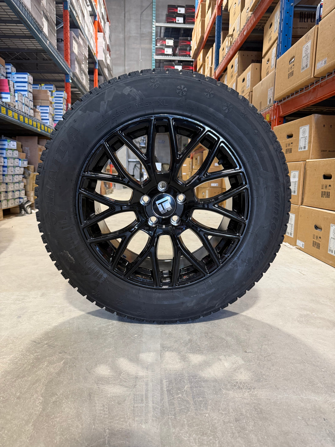 (SET OF FOUR) Touren TR76 17x8 5x108 +35 Gloss BLK | 225/65r17 Haida HD677 Winter ( FORD )