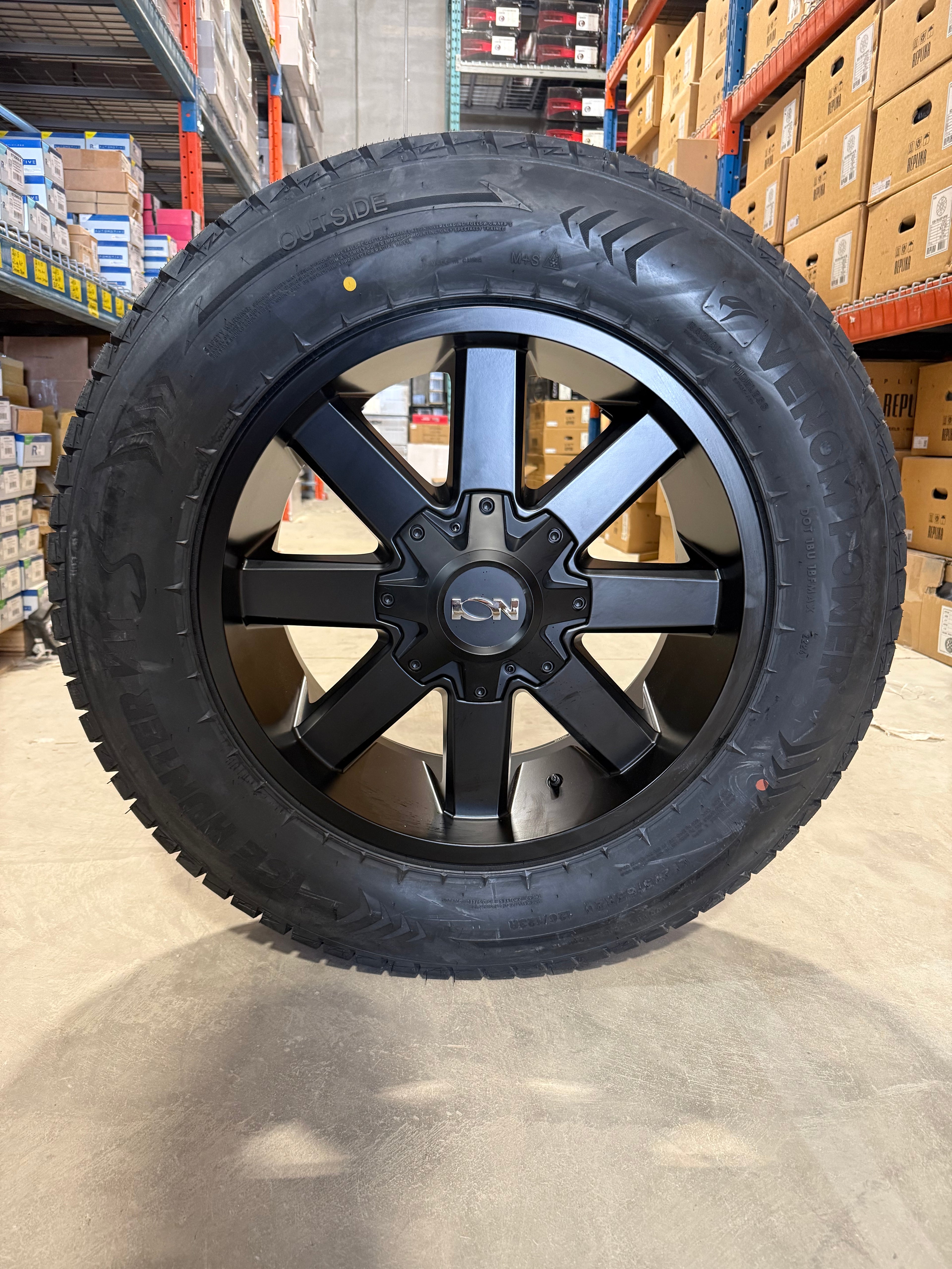 (SET OF FOUR) ION 141 20x9 8x165.1 +18 Satin BLK | LT275/65r20 Venom Ice Hunter 3PMS - Winter Clearance