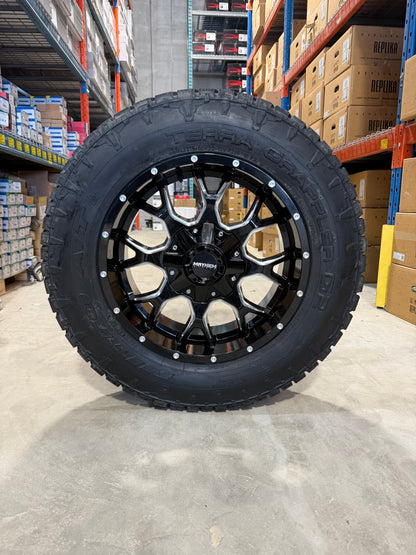 (SET OF FOUR) Mayhem Warrior 20x9 8x165.1 +18 BLK Milled | LT275/65r20 Nitto Terra Grappler AT G2 3PMS