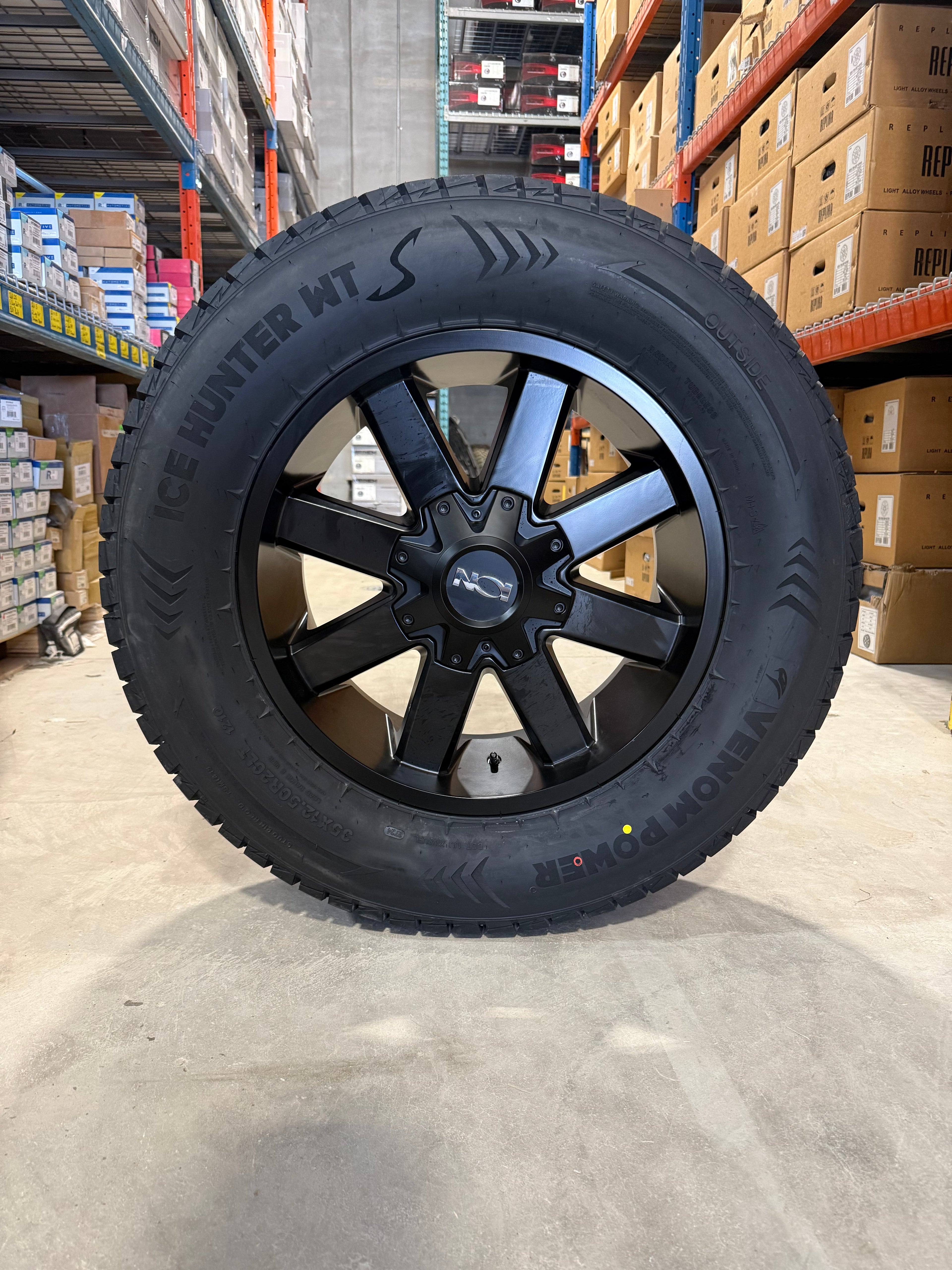 (SET OF FOUR) ION 141 20x9 8x165.1 +18 Satin BLK | 35/12.50r20LT Venom Ice Hunter 3PMS - Winter ( CLEARANCE )