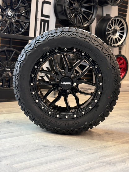 (SET OF FOUR) MAYHEM VECTOR 8310 20X9 +18 6X139.7 GLOSS BLACK 106.1MM | 275/60R20 HAIDA 878 R/T TIRES