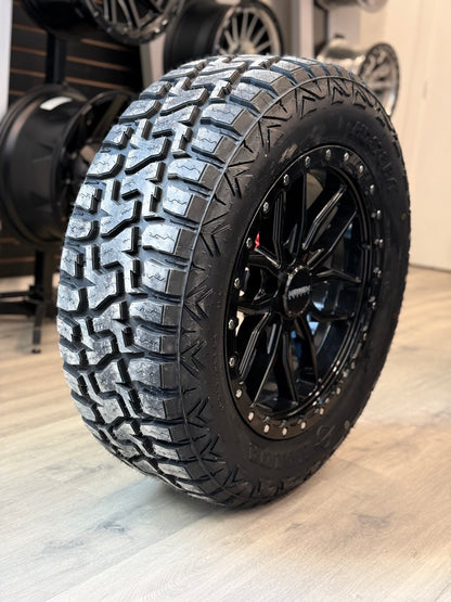 (SET OF FOUR) MAYHEM VECTOR 8310 20X9 +18 6X139.7 GLOSS BLACK 106.1MM | 275/60R20 HAIDA 878 R/T TIRES