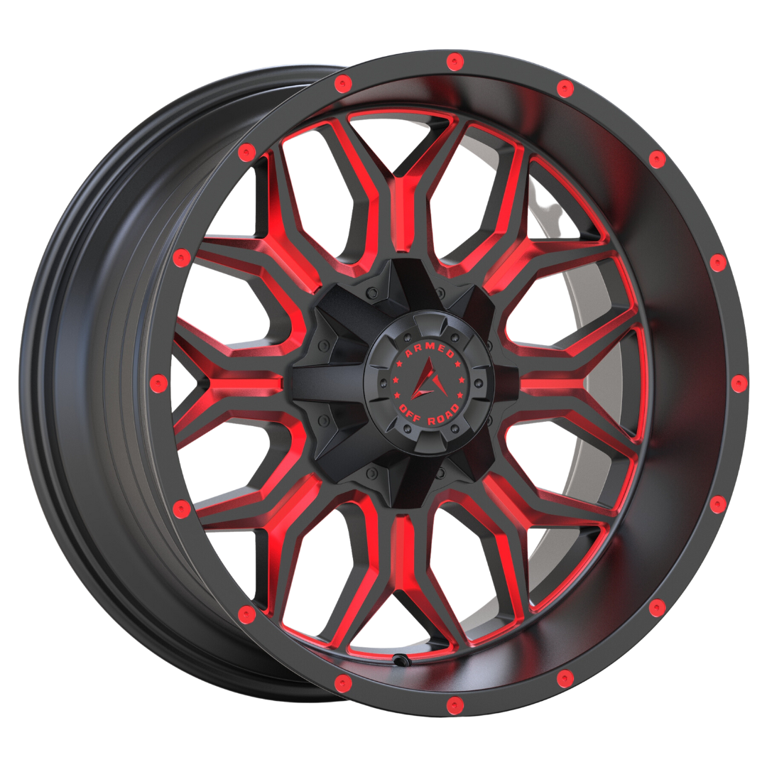 ARMED INFANTRY 20X12 6X135/6X139.7 ET:-44 GLOSS BLACK MILLED SUNSET RED CB:108.2