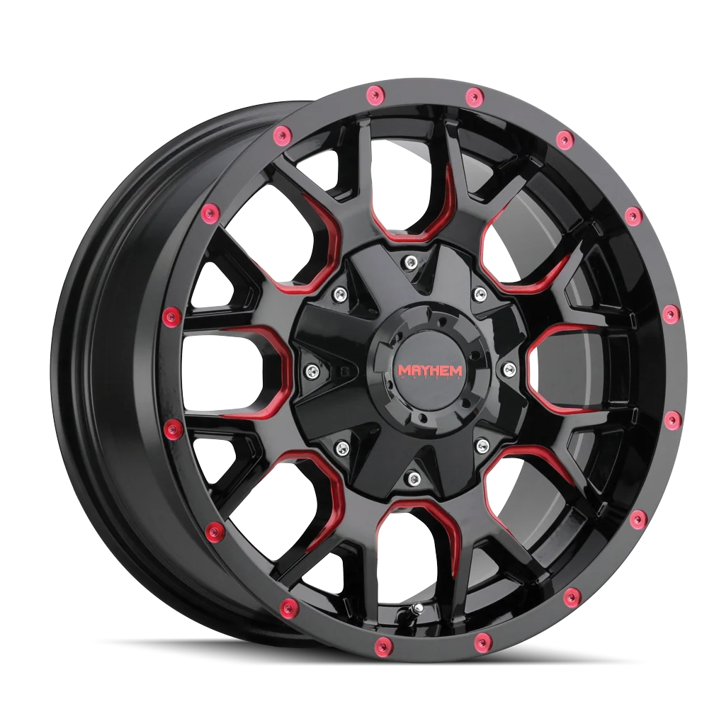 MAYHEM WARRIOR 8015 GLOSS BLACK MILLED PRISM RED 17X9 5X127/5X139.7 18MM 87MM