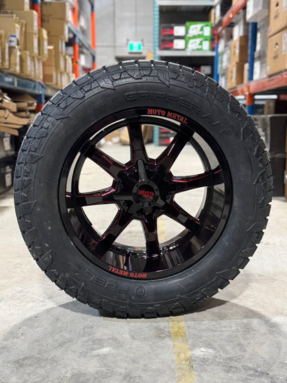 ( SET OF FOUR ) MOTO METAL 970 20X10 5X139.7/5X127 78.10 -18 GLOSS BLACK MILLED WITH RED TINT | FUEL GRIPPER A/T 3PMS 305/55R20