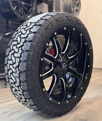 (SET OF FOUR) FUEL MAVERICK GLOSS BLACK MILLED 22X10 6X135/6X139.7 +10 106.1MM | AMP TERRAIN PRO A/T | LT285/45R22