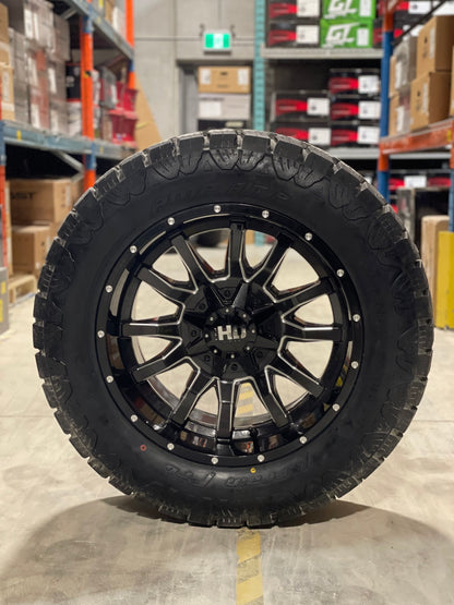 (SET OF FOUR) Fast Traxx 20x10 8x165.1 -15 BLK Milled | 305/55/20 Amp Terrain Pro TAKE OFFS