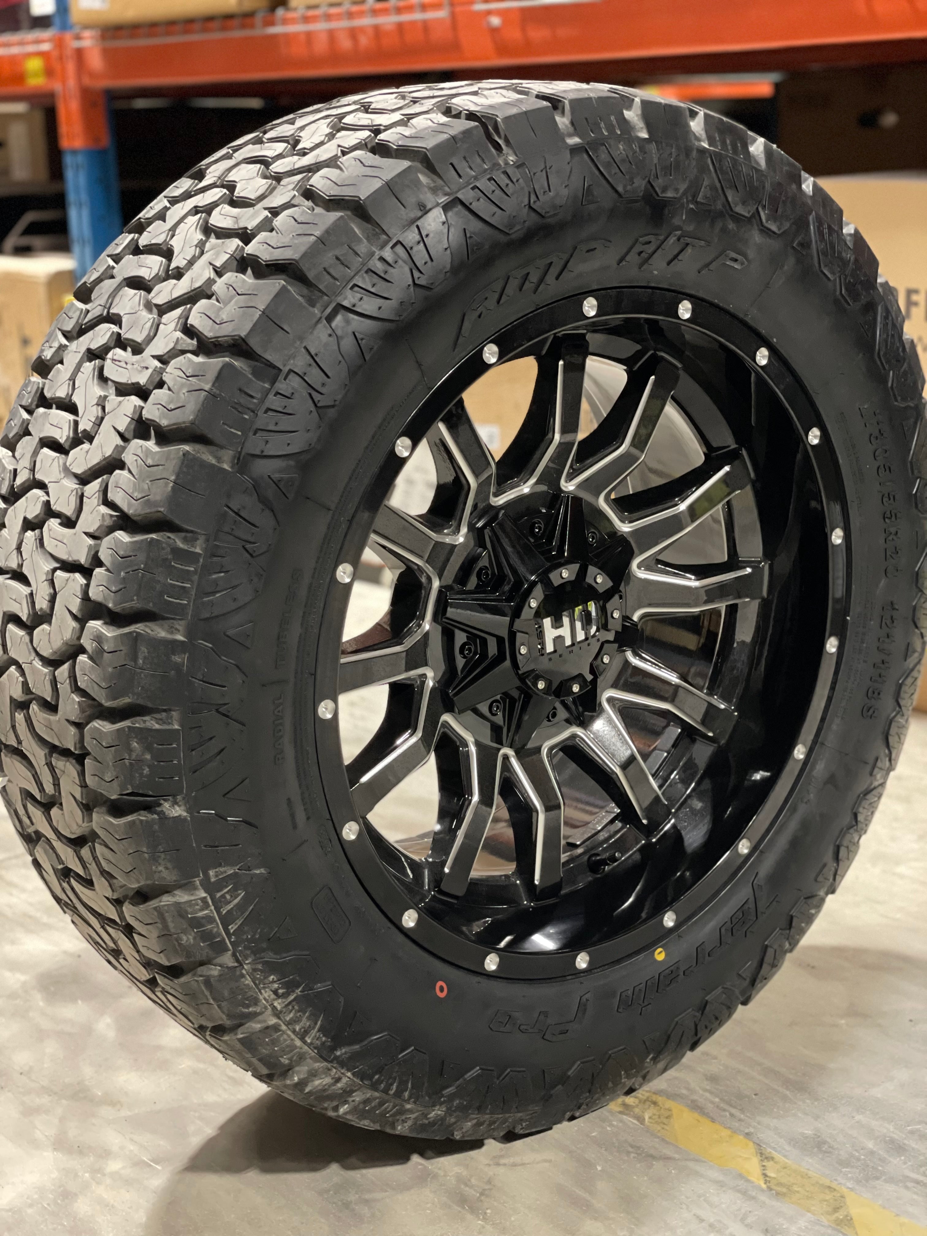 (SET OF FOUR) Fast Traxx 20x10 8x165.1 -15 BLK Milled | 305/55/20 Amp Terrain Pro TAKE OFFS