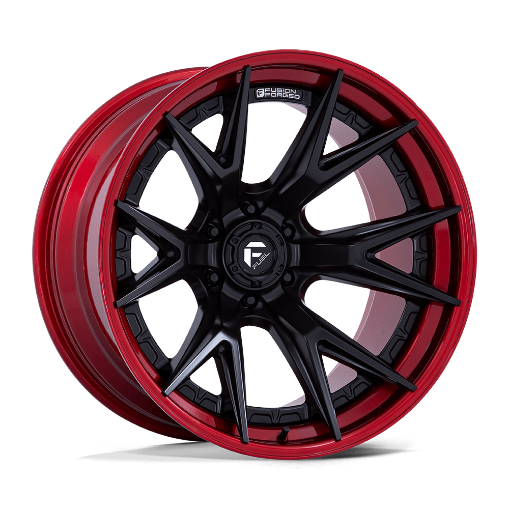 FUEL FUSION FORGED CATALYST 20X9 +1 6X139.7 106 MATTE BLACK W/ CANDY RED LIP (TEXT FOR CLEARANCE PRICING)